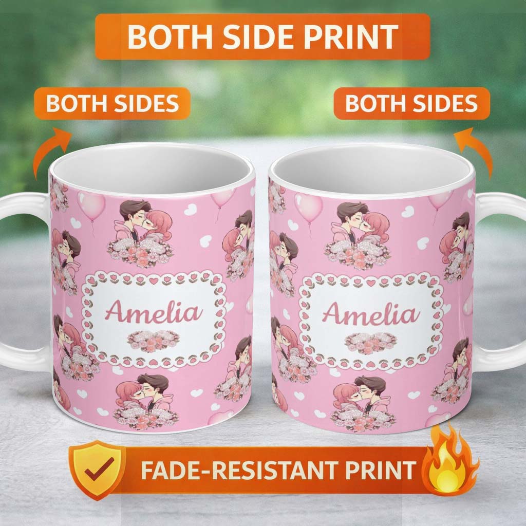 Personalized Custom Name Romantic Couple Kissing Floral Bouquet Hearts Pattern Light Pink 11oz Ceramic Coffee Tea Mug White Large Handle