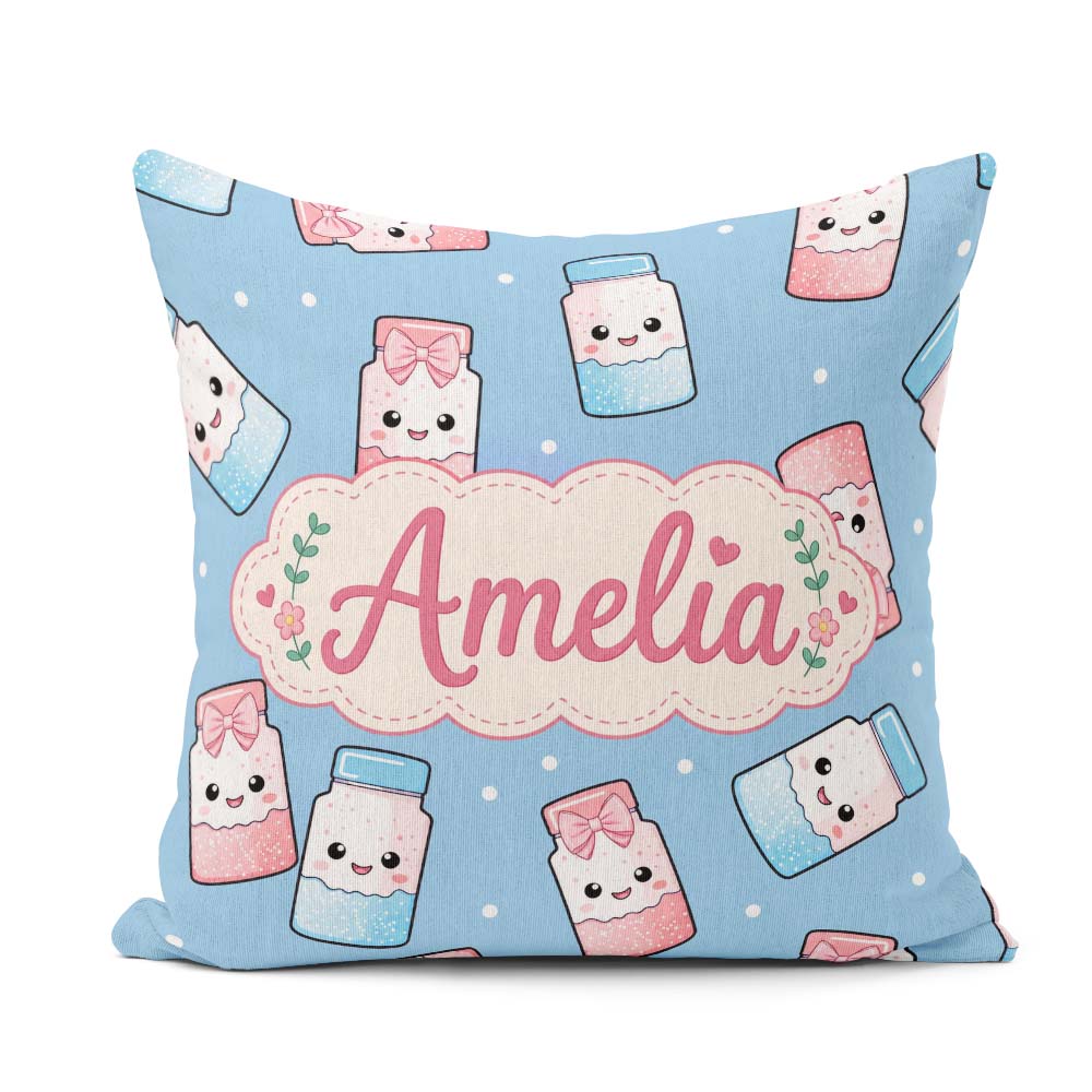 Custom Name Cute Sweet Sugar Jars with Bows Soft Blue Background Square Filled Cushion Throw Pillow Sofa Bed Home Decor Zip Washable UK Made
