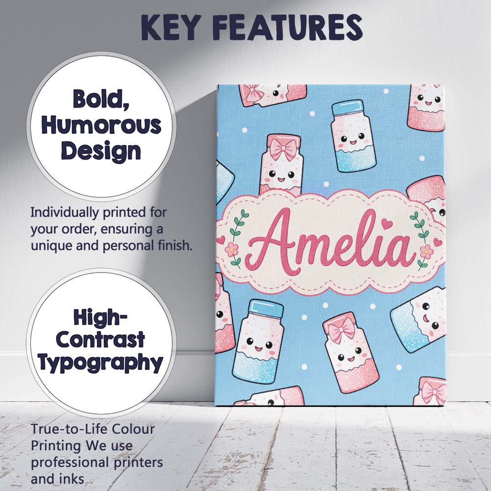 Personalised Name Cute Kawaii Sweet Sugar Custom Unique Gift Idea Elegant Feature Canvas Wall Art Print Decor Picture Ready to Hang