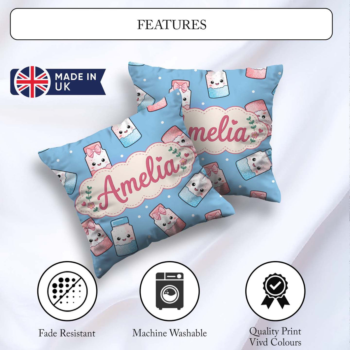 Custom Name Cute Sweet Sugar Jars with Bows Soft Blue Background Square Filled Cushion Throw Pillow Sofa Bed Home Decor Zip Washable UK Made