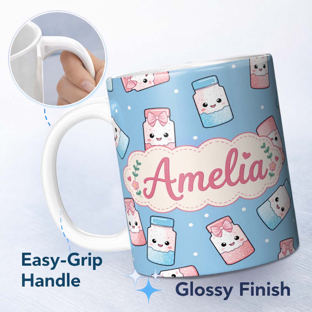 Personalized Custom Name Cute Kawaii Sweet Sugar Jars with Bows Soft Blue Background 11oz Ceramic Coffee Tea Mug White Large Handle