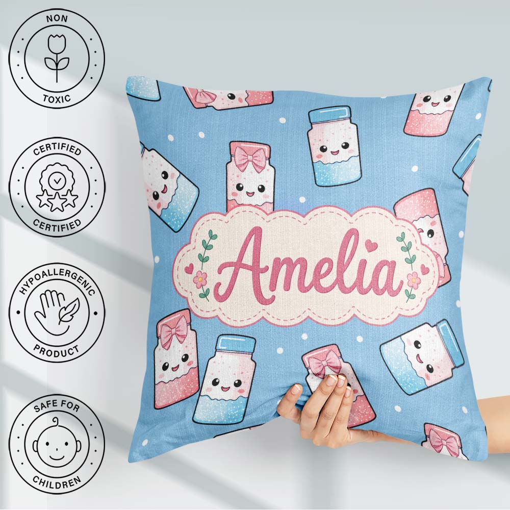 Custom Name Cute Sweet Sugar Jars with Bows Soft Blue Background Square Filled Cushion Throw Pillow Sofa Bed Home Decor Zip Washable UK Made