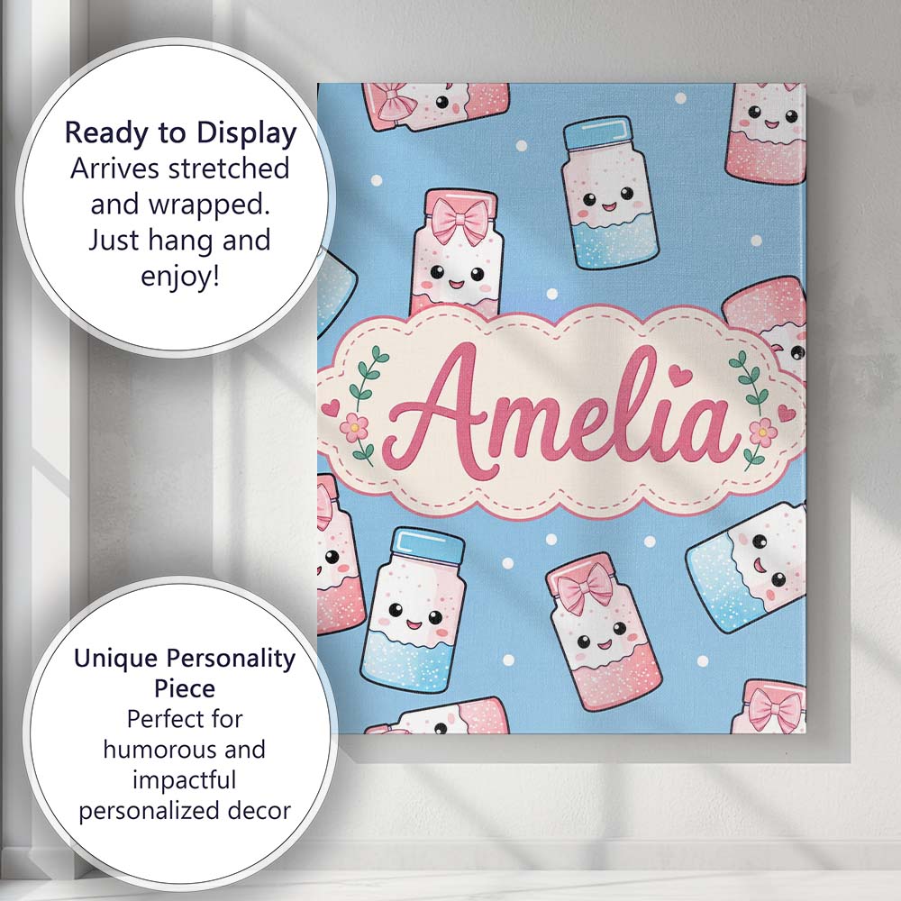 Personalised Name Cute Kawaii Sweet Sugar Custom Unique Gift Idea Elegant Feature Canvas Wall Art Print Decor Picture Ready to Hang