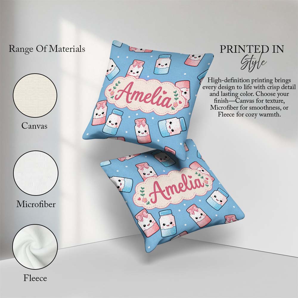 Custom Name Cute Sweet Sugar Jars with Bows Soft Blue Background Square Filled Cushion Throw Pillow Sofa Bed Home Decor Zip Washable UK Made
