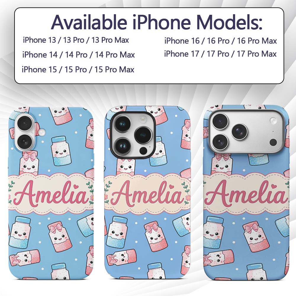 Cute Kawaii Sweet Sugar Jars with Bows Soft Blue Custom Name Protective Phone Case Mobile Cover Durable Everyday Smartphone Shock Resistant