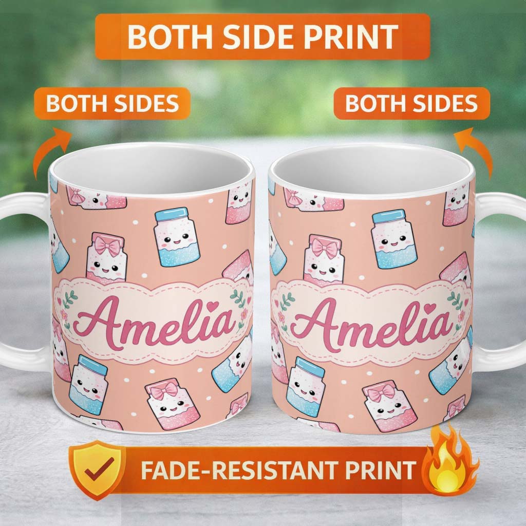 Personalized Custom Name Cute Kawaii Sweet Sugar Jars with Bows Peach Background Seamless 11oz Ceramic Coffee Tea Mug White Large Handle