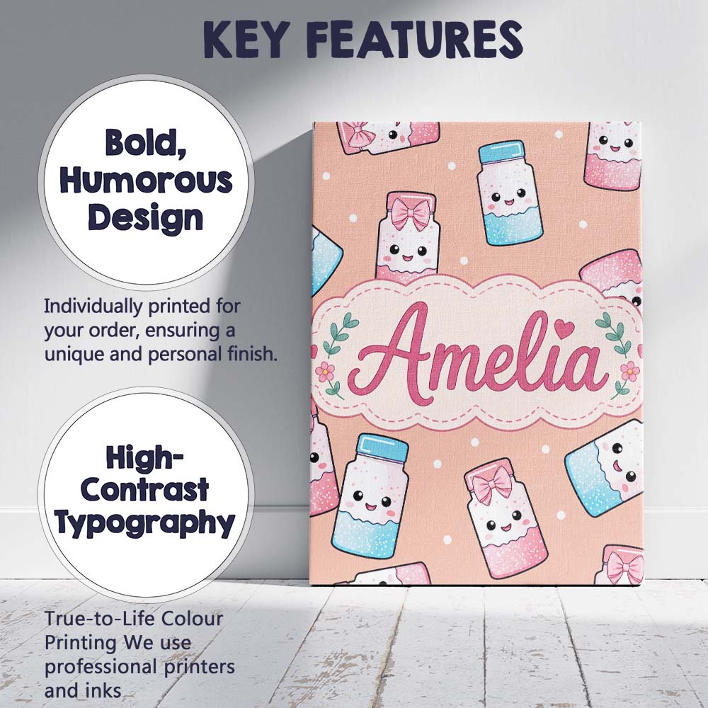 Personalised Name Cute Kawaii Sweet Sugar Custom Unique Gift Idea Elegant Feature Canvas Wall Art Print Decor Picture Ready to Hang