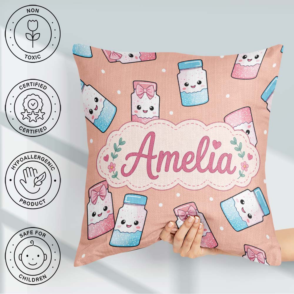 Custom Name Sweet Sugar Jars with Bows Peach Background Seamless Square Filled Cushion Throw Pillow Sofa Bed Home Decor Zip Washable UK Made
