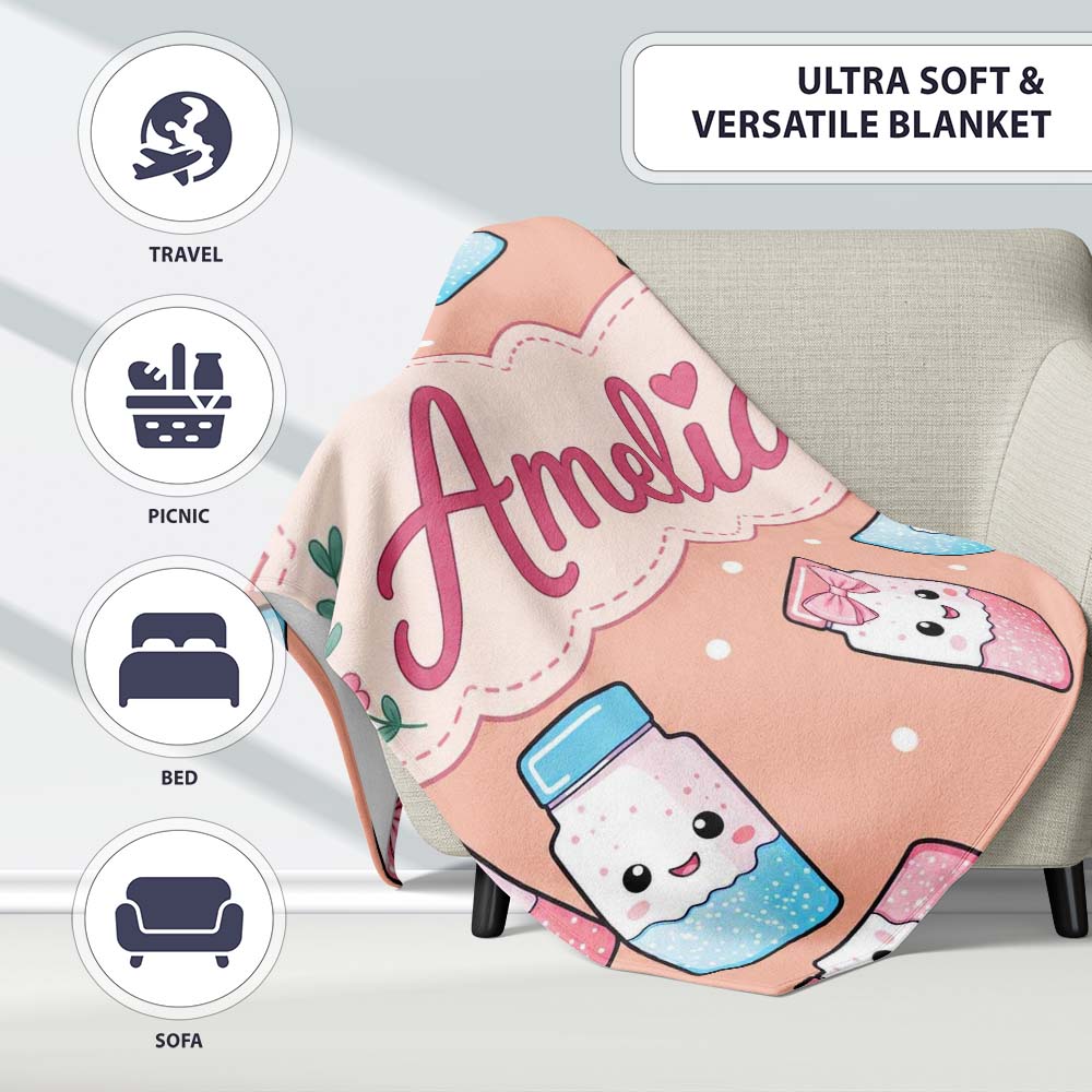 Cute Kawaii Sweet Sugar Jars with Bows Peach Background Seamless Personalised Custom Name Super Soft Fleece Blanket Bed Sofa Throw