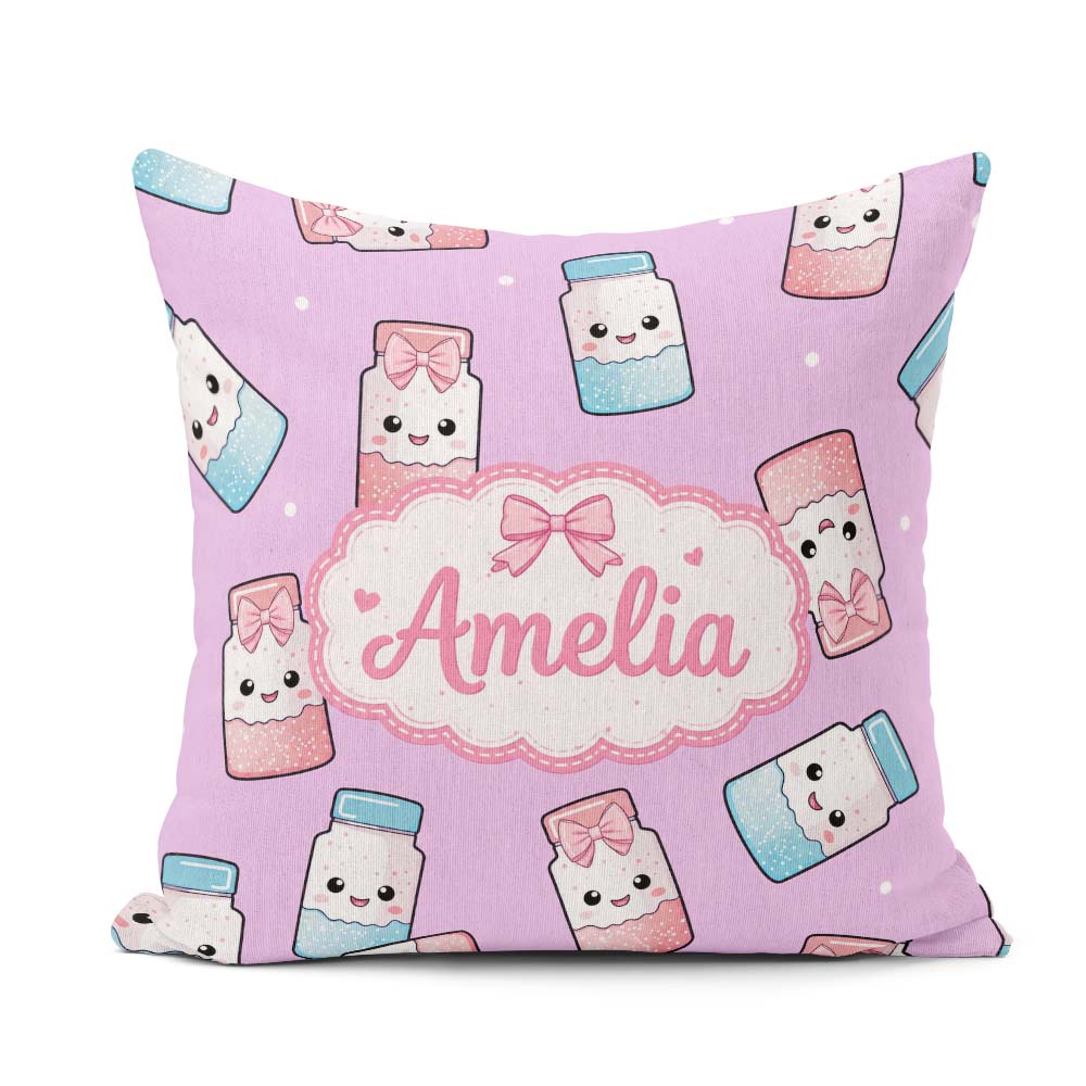 Custom Name Kawaii Sweet Sugar Jars with Bows Purple Background Square Filled Cushion Throw Pillow Sofa Bed Home Decor Zip Washable UK Made