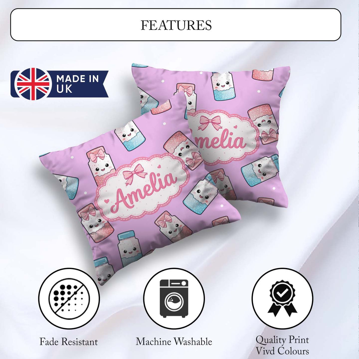 Custom Name Kawaii Sweet Sugar Jars with Bows Purple Background Square Filled Cushion Throw Pillow Sofa Bed Home Decor Zip Washable UK Made