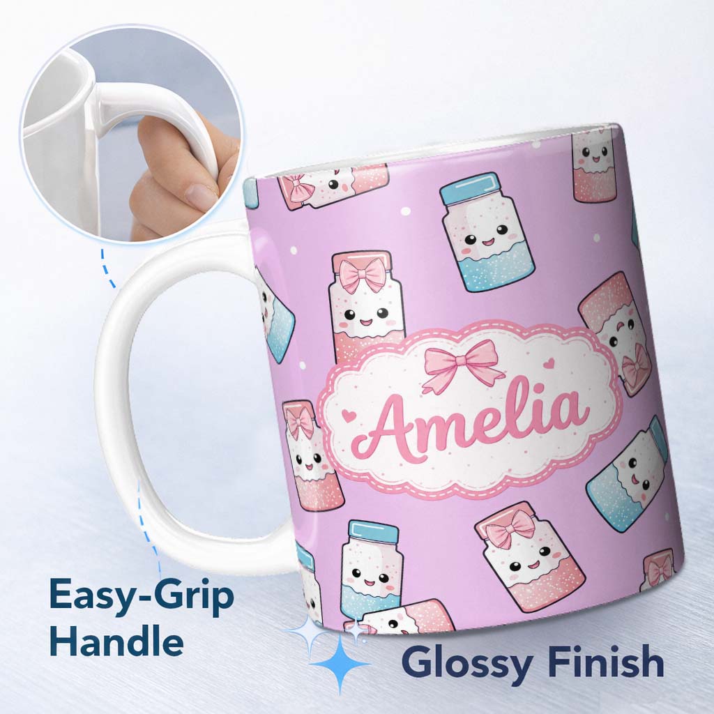 Personalized Custom Name Cute Kawaii Sweet Sugar Jars with Bows Purple Background Seamless 11oz Ceramic Coffee Tea Mug White Large Handle