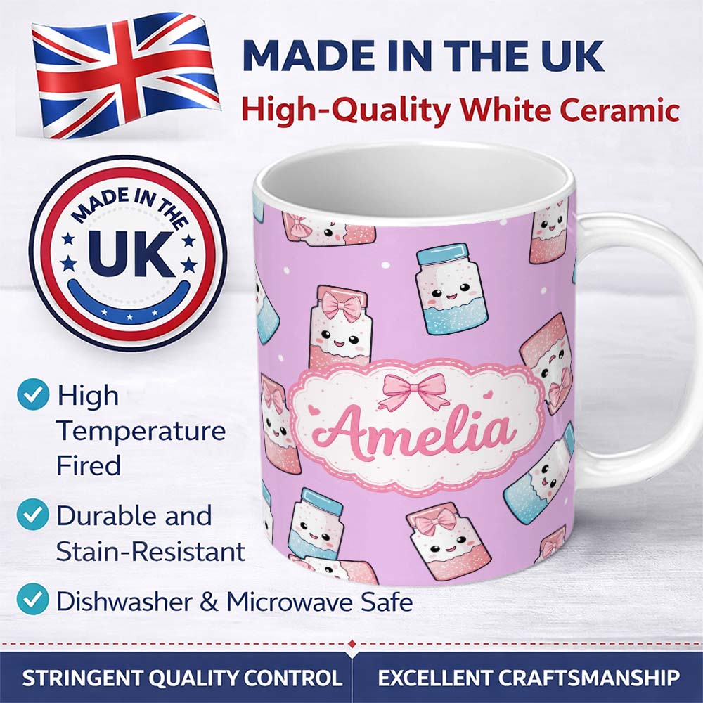 Personalized Custom Name Cute Kawaii Sweet Sugar Jars with Bows Purple Background Seamless 11oz Ceramic Coffee Tea Mug White Large Handle