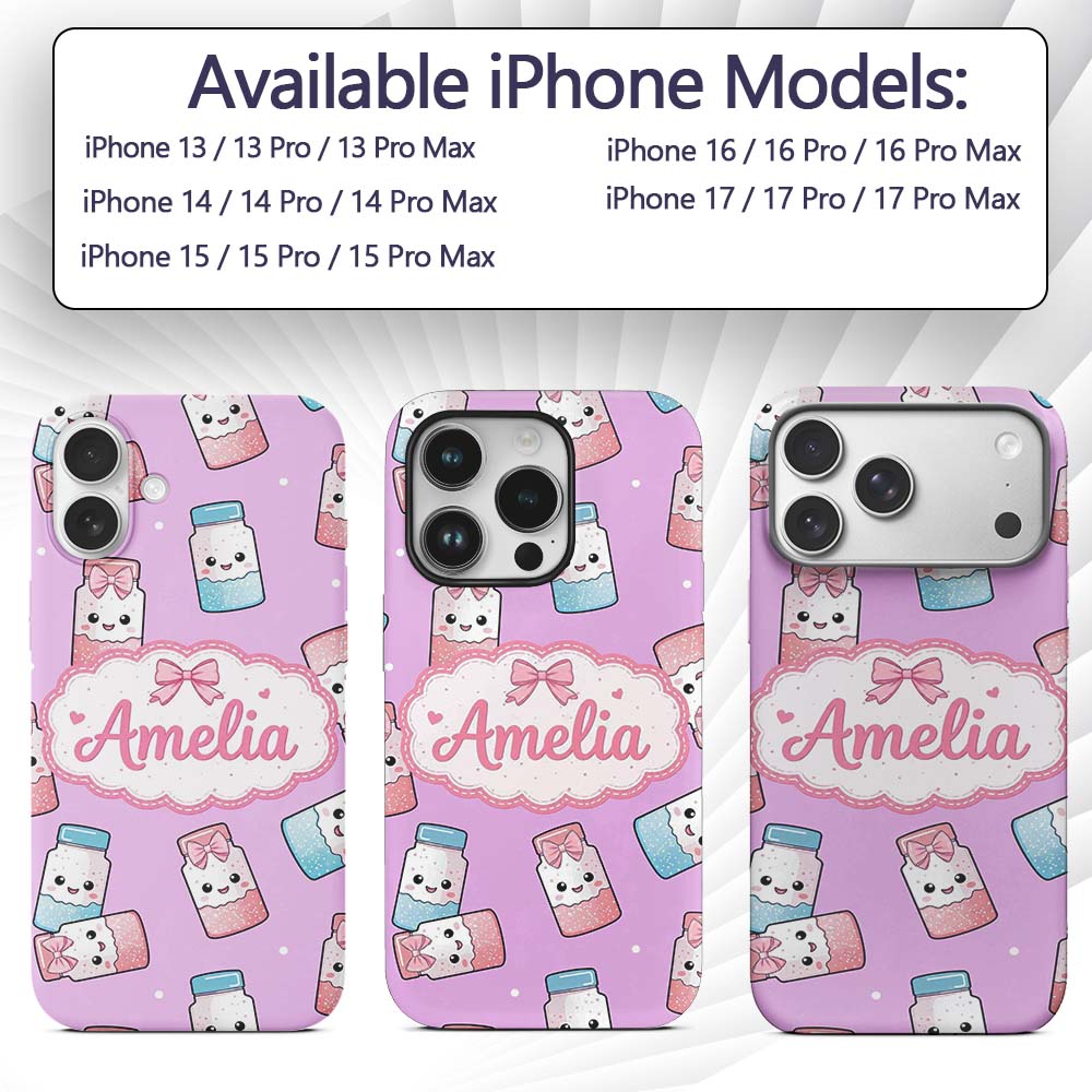 Cute Kawaii Sweet Sugar Jars with Bows Purple Custom Name Protective Phone Case Mobile Cover Durable Everyday Smartphone Shock Resistant