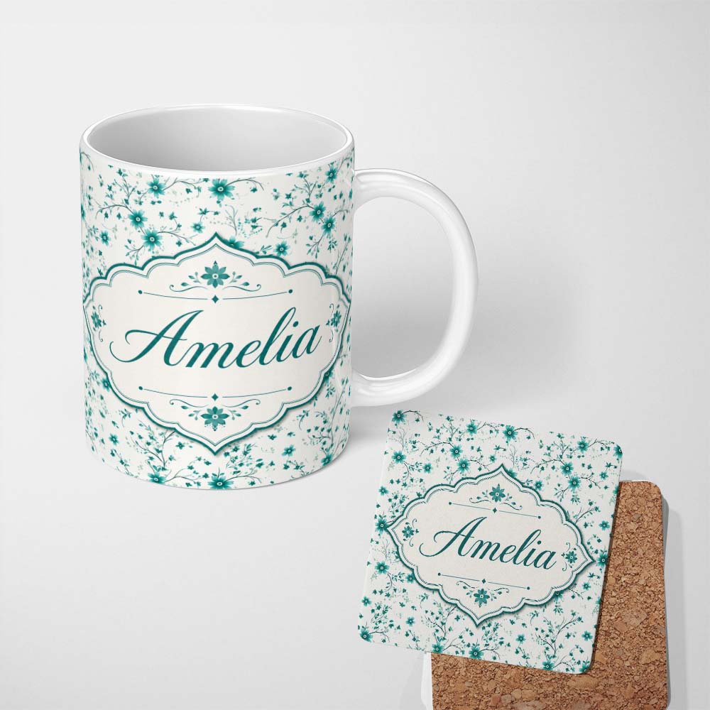 Personalized Custom Name Teal Daisy Flower Pattern with Fine Botanical Stems Seamless Design 11oz Ceramic Coffee Tea Mug White Large Handle