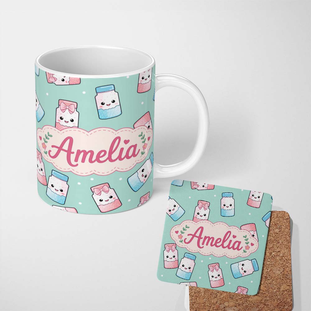Personalized Custom Name Cute Kawaii Sweet Sugar Jars with Bows Mint Green Background 11oz Ceramic Coffee Tea Mug White Large Handle