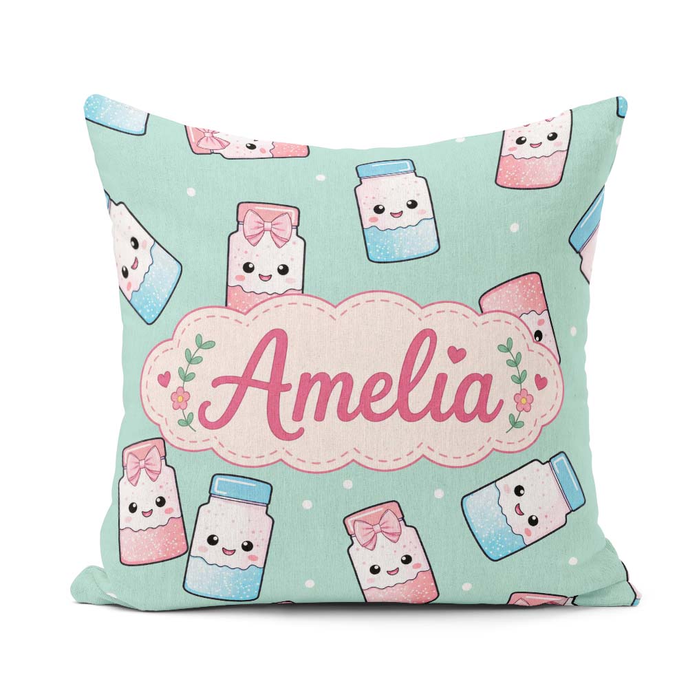 Custom Name Cute Kawaii Sweet Sugar Jars with Bows Mint Green Square Filled Cushion Throw Pillow Sofa Bed Home Decor Zip Washable UK Made
