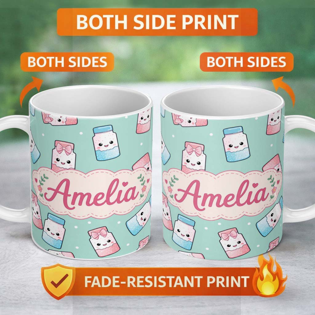 Personalized Custom Name Cute Kawaii Sweet Sugar Jars with Bows Mint Green Background 11oz Ceramic Coffee Tea Mug White Large Handle