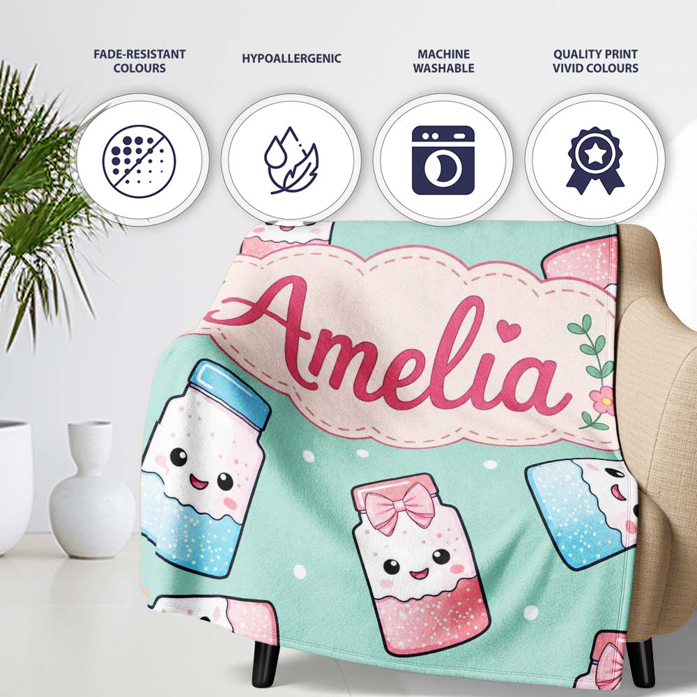 Cute Kawaii Sweet Sugar Jars with Bows Mint Green Background Personalised Custom Name Super Soft Fleece Blanket Bed Sofa Throw