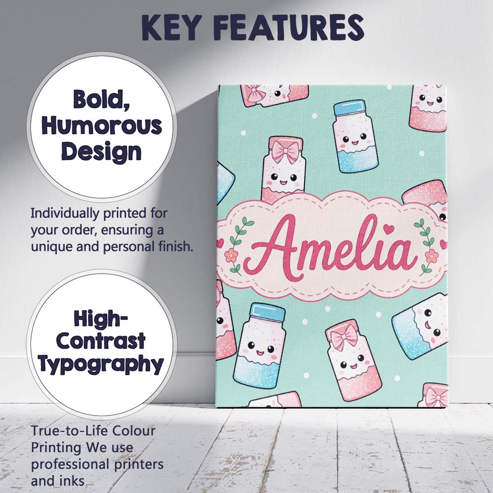 Personalised Name Cute Kawaii Sweet Sugar Custom Unique Gift Idea Elegant Feature Canvas Wall Art Print Decor Picture Ready to Hang