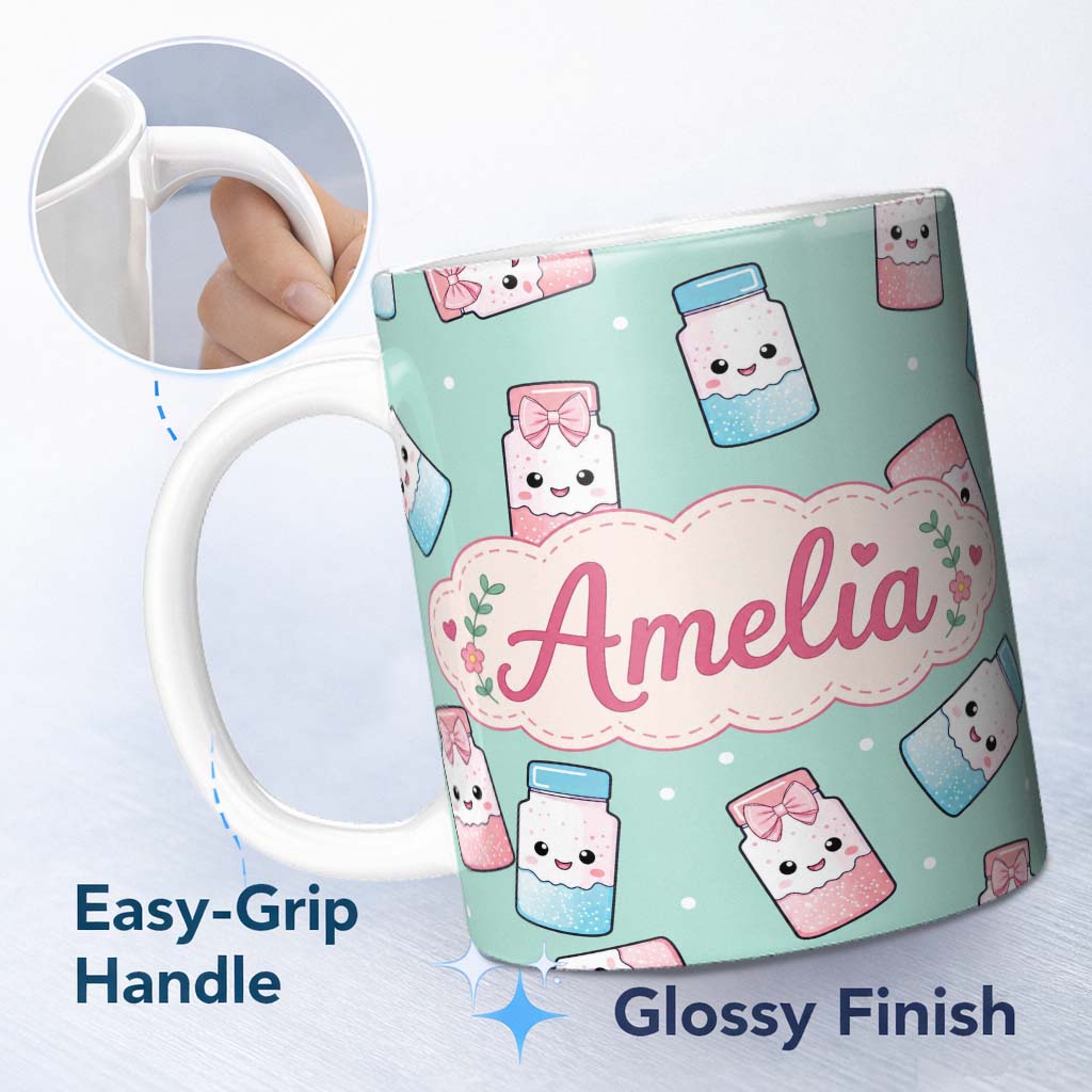 Personalized Custom Name Cute Kawaii Sweet Sugar Jars with Bows Mint Green Background 11oz Ceramic Coffee Tea Mug White Large Handle