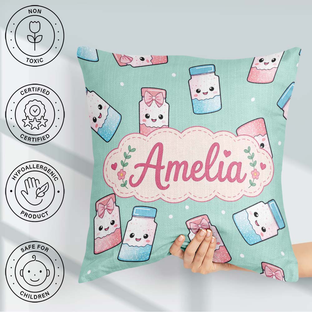 Custom Name Cute Kawaii Sweet Sugar Jars with Bows Mint Green Square Filled Cushion Throw Pillow Sofa Bed Home Decor Zip Washable UK Made