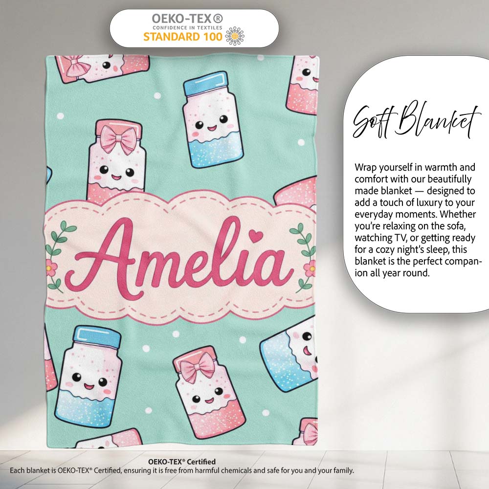 Cute Kawaii Sweet Sugar Jars with Bows Mint Green Background Personalised Custom Name Super Soft Fleece Blanket Bed Sofa Throw