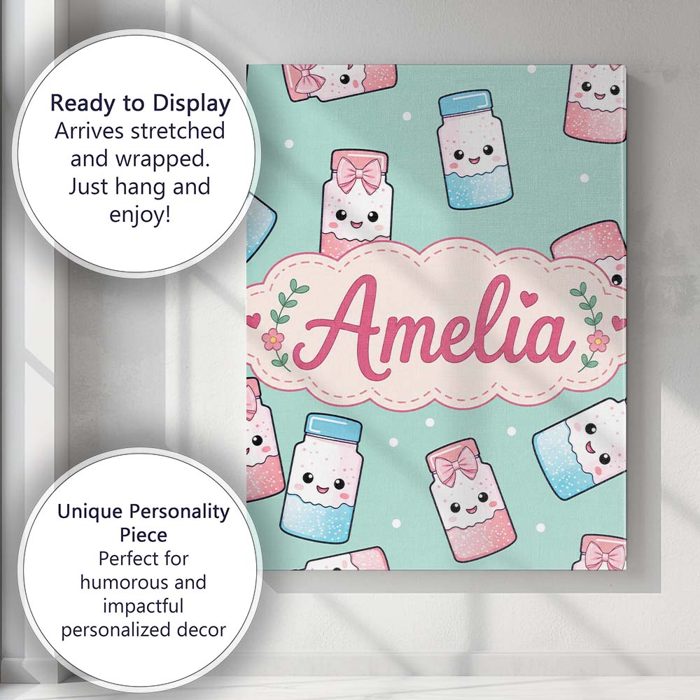 Personalised Name Cute Kawaii Sweet Sugar Custom Unique Gift Idea Elegant Feature Canvas Wall Art Print Decor Picture Ready to Hang
