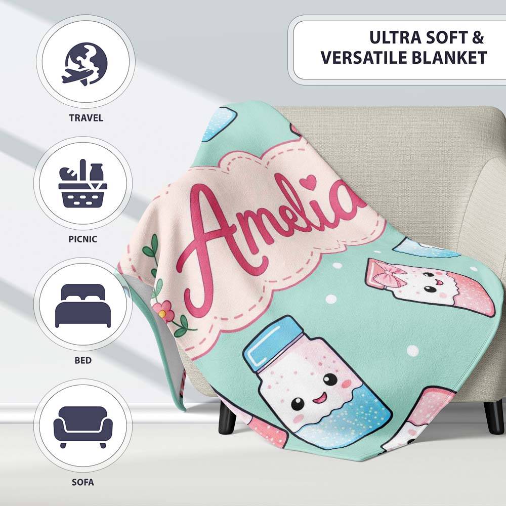 Cute Kawaii Sweet Sugar Jars with Bows Mint Green Background Personalised Custom Name Super Soft Fleece Blanket Bed Sofa Throw