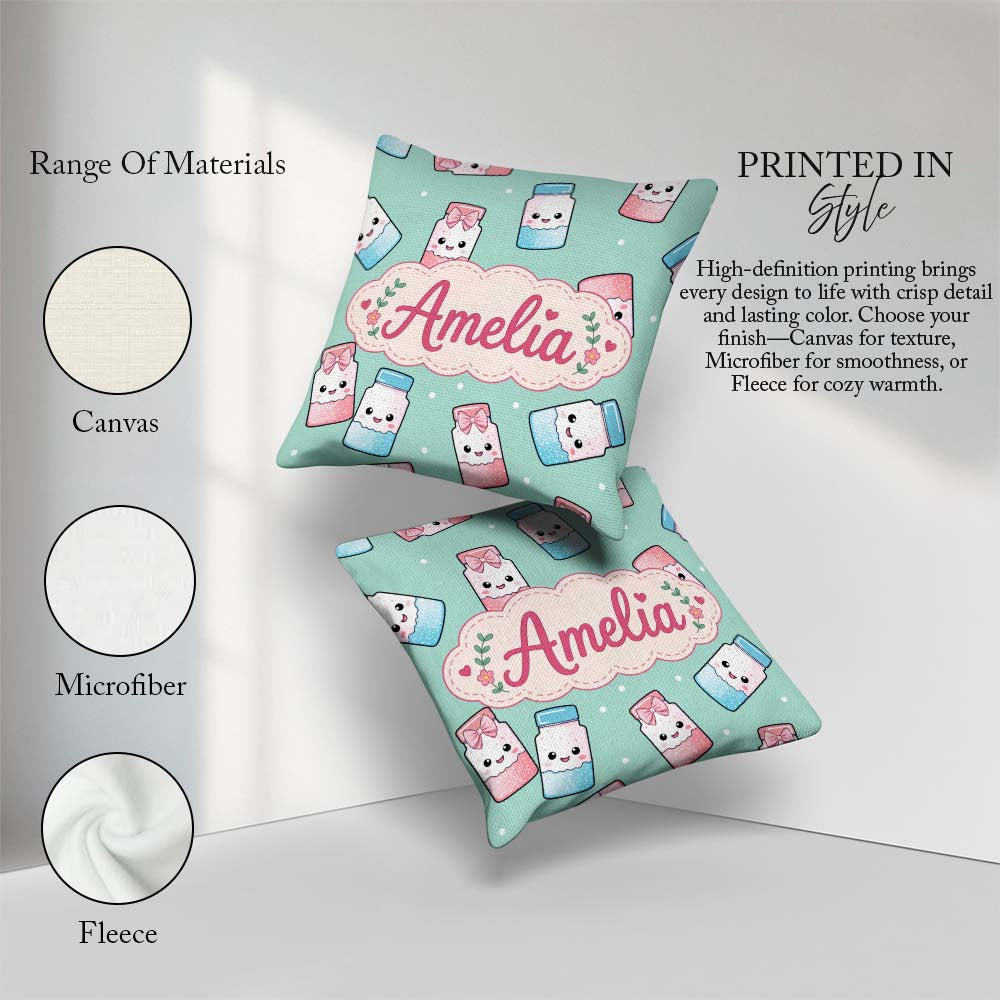 Custom Name Cute Kawaii Sweet Sugar Jars with Bows Mint Green Square Filled Cushion Throw Pillow Sofa Bed Home Decor Zip Washable UK Made
