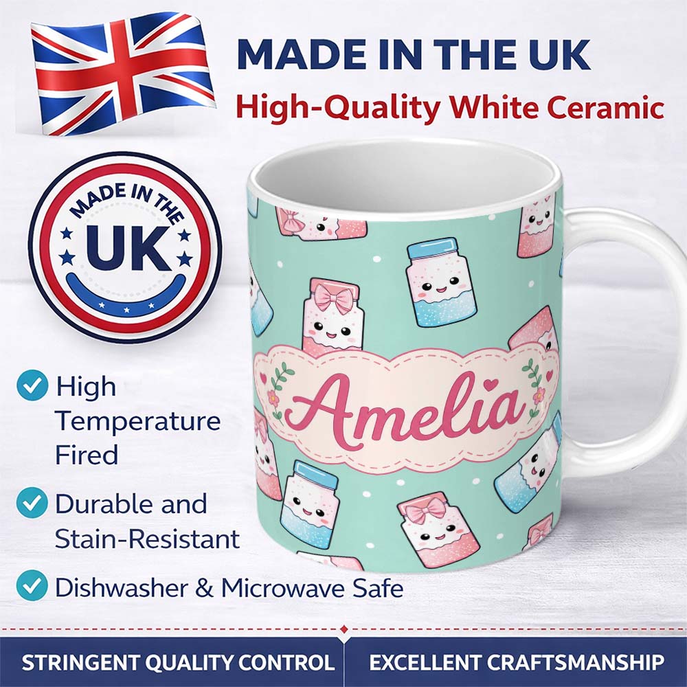 Personalized Custom Name Cute Kawaii Sweet Sugar Jars with Bows Mint Green Background 11oz Ceramic Coffee Tea Mug White Large Handle