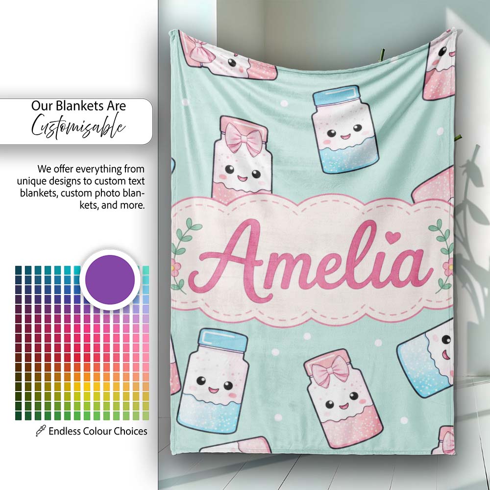 Cute Kawaii Sweet Sugar Jars with Bows Mint Green Background Personalised Custom Name Super Soft Fleece Blanket Bed Sofa Throw