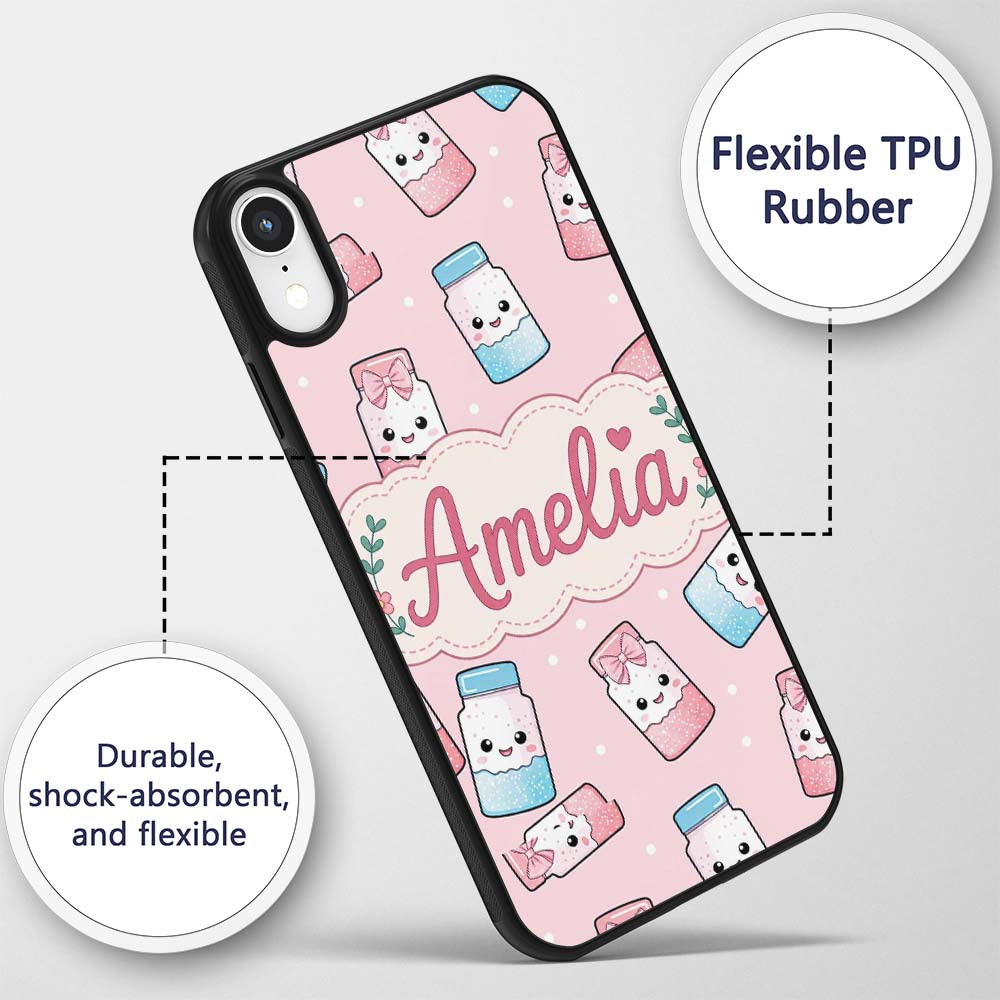 Cute Kawaii Sweet Sugar Jars with Bows Soft Beige Custom Name Protective Phone Case Mobile Cover Durable Everyday Smartphone Shock Resistant