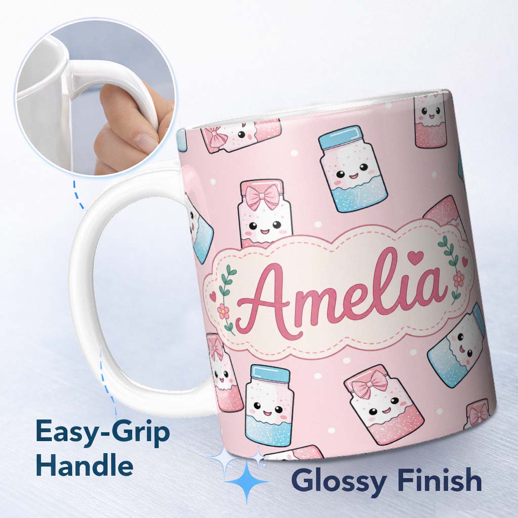 Personalized Custom Name Cute Kawaii Sweet Sugar Jars with Bows Soft Beige Background 11oz Ceramic Coffee Tea Mug White Large Handle