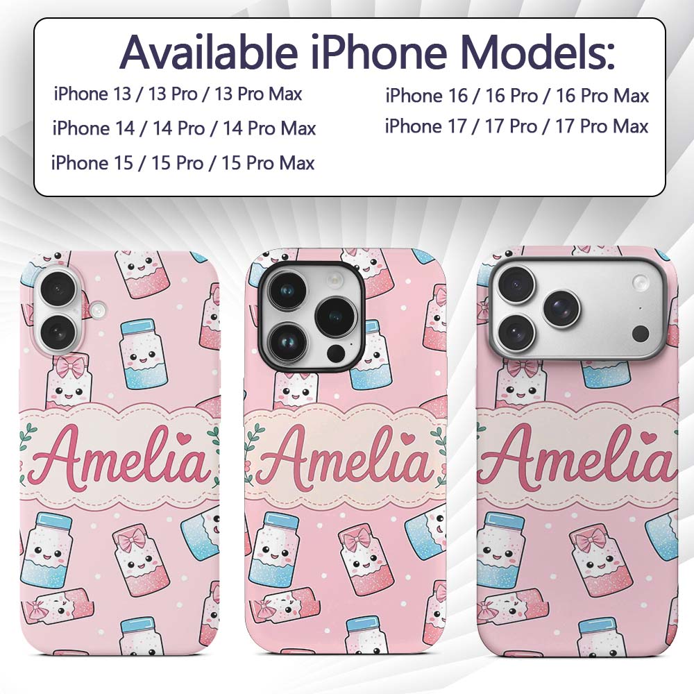 Cute Kawaii Sweet Sugar Jars with Bows Soft Beige Custom Name Protective Phone Case Mobile Cover Durable Everyday Smartphone Shock Resistant