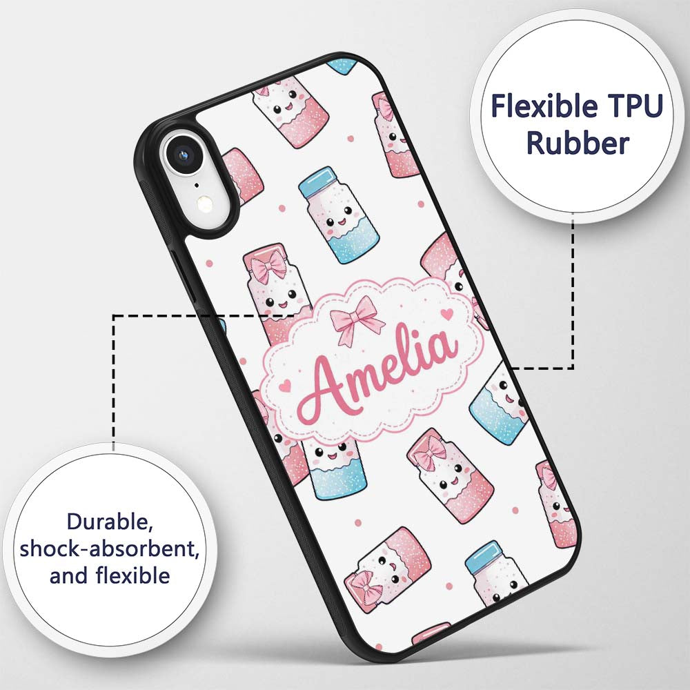Kawaii Sweet Sugar Jars with Bows Light Grey Custom Name Protective Phone Case Mobile Cover Durable Everyday Smartphone Shock Resistant