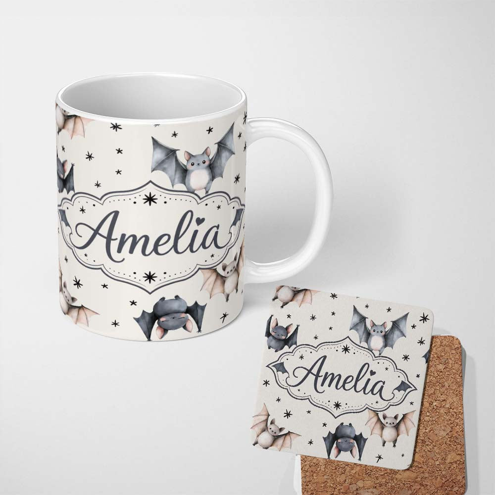 Personalized Custom Name Cute Watercolor Bats and Stars Seamless Pattern Light Neutral Lovely 11oz Ceramic Coffee Tea Mug White Large Handle
