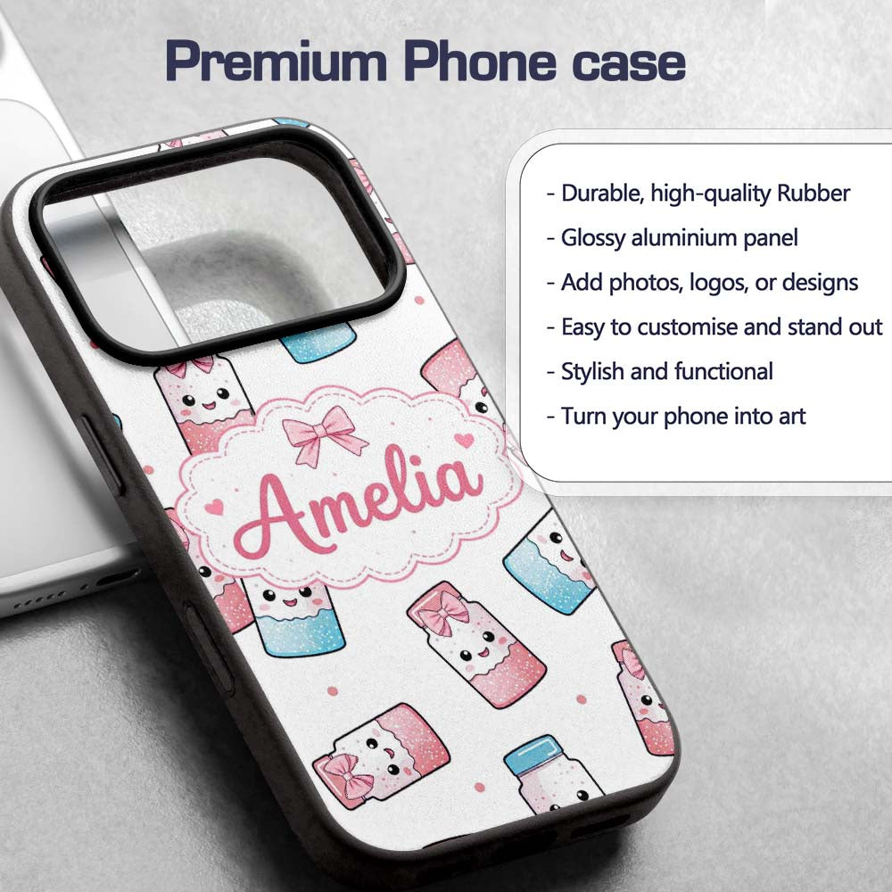Kawaii Sweet Sugar Jars with Bows Light Grey Custom Name Protective Phone Case Mobile Cover Durable Everyday Smartphone Shock Resistant