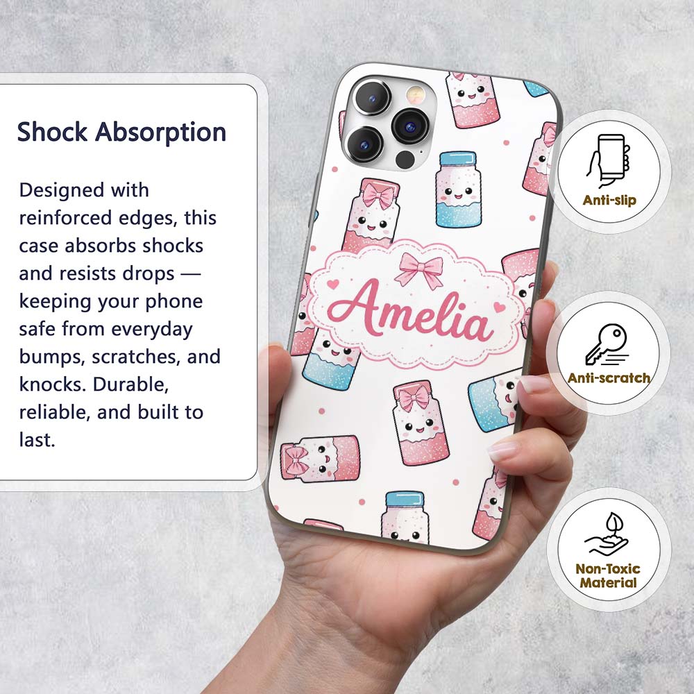 Kawaii Sweet Sugar Jars with Bows Light Grey Custom Name Protective Phone Case Mobile Cover Durable Everyday Smartphone Shock Resistant