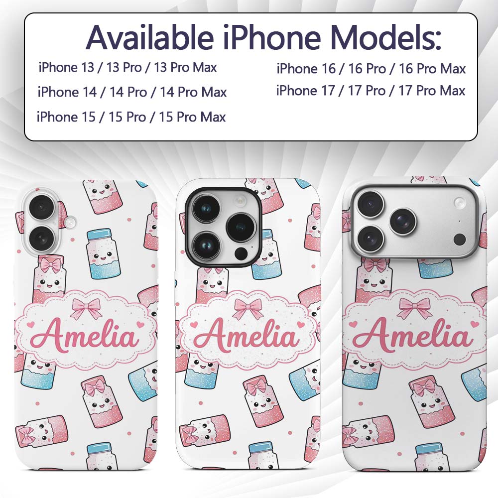 Kawaii Sweet Sugar Jars with Bows Light Grey Custom Name Protective Phone Case Mobile Cover Durable Everyday Smartphone Shock Resistant