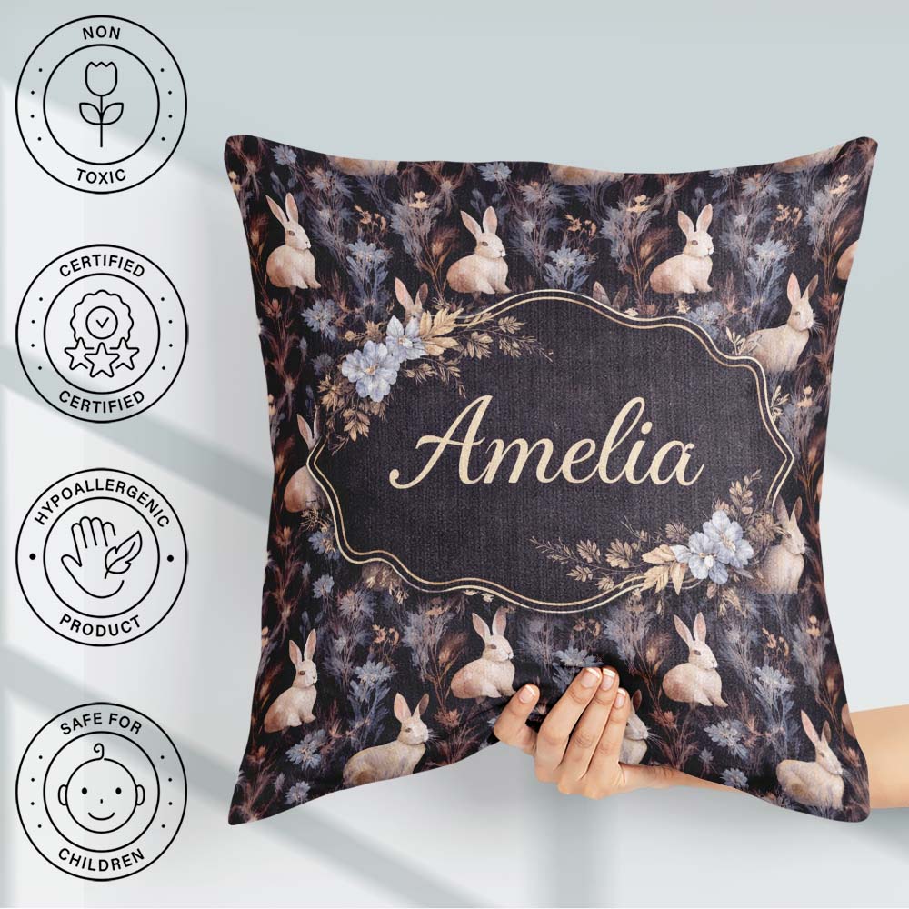 Custom Name Dark Floral Woodland Rabbit Seamless Pattern for Her Square Filled Cushion Throw Pillow Sofa Bed Home Decor Zip Washable UK Made