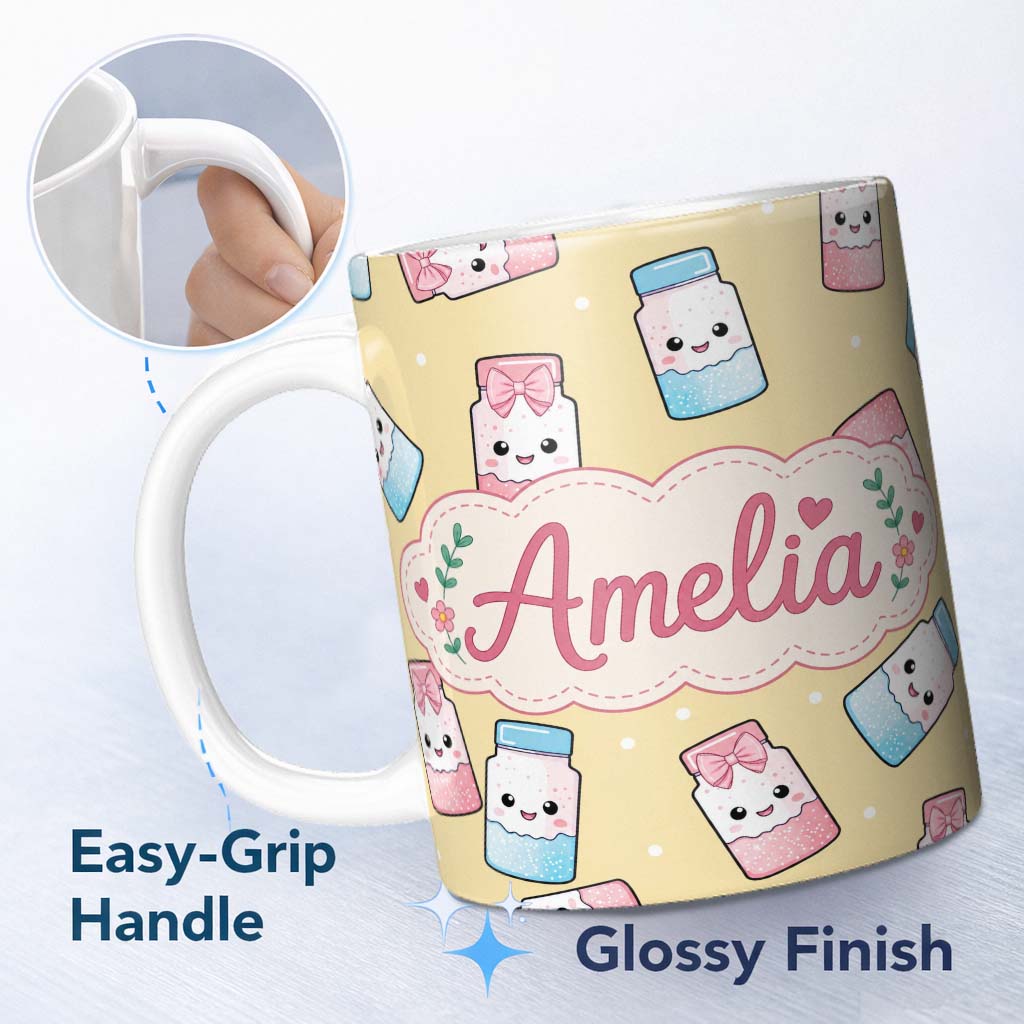 Personalized Custom Name Cute Kawaii Sweet Sugar Jars with Bows Warm Yellow Background 11oz Ceramic Coffee Tea Mug White Large Handle