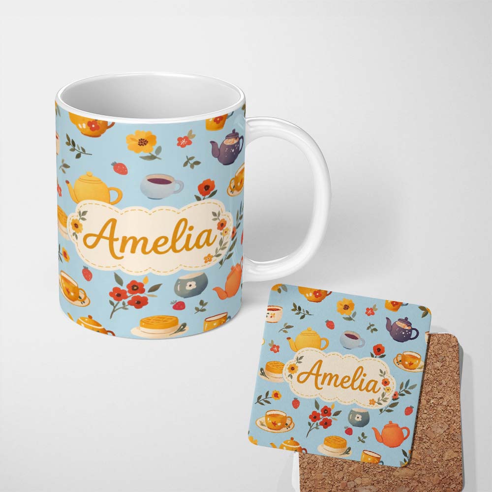 Personalized Custom Name Cute Vintage Teapots Cups Flowers Blue Background Seamless Pattern 11oz Ceramic Coffee Tea Mug White Large Handle