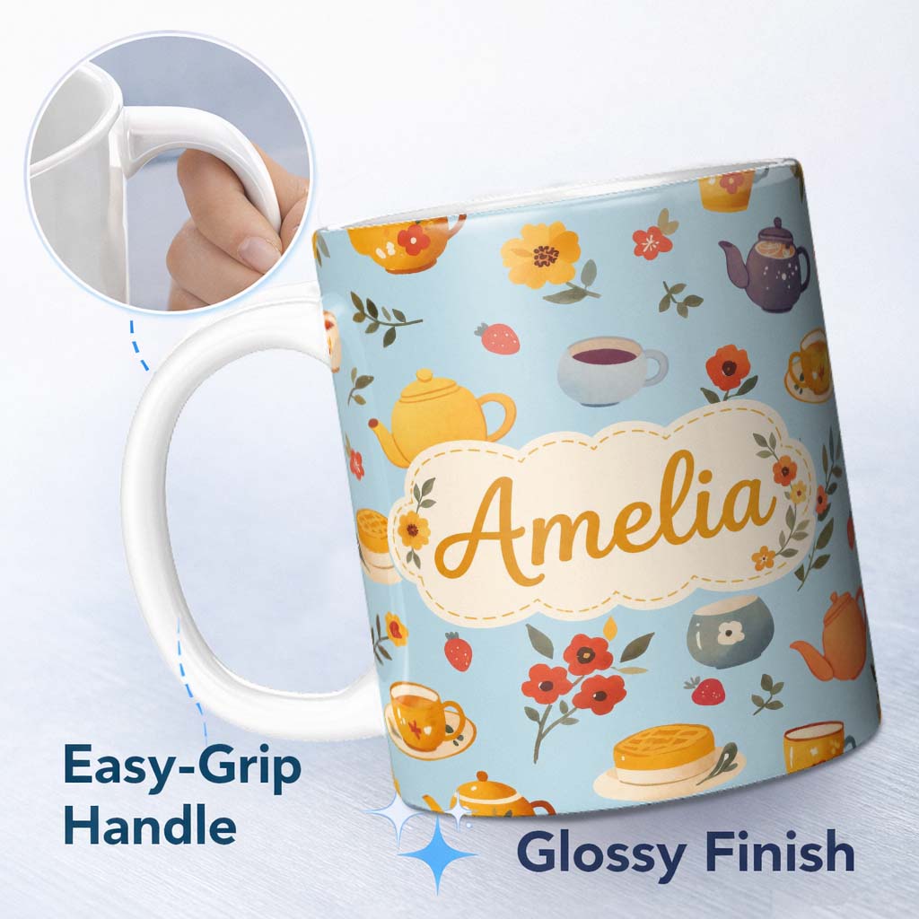 Personalized Custom Name Cute Vintage Teapots Cups Flowers Blue Background Seamless Pattern 11oz Ceramic Coffee Tea Mug White Large Handle