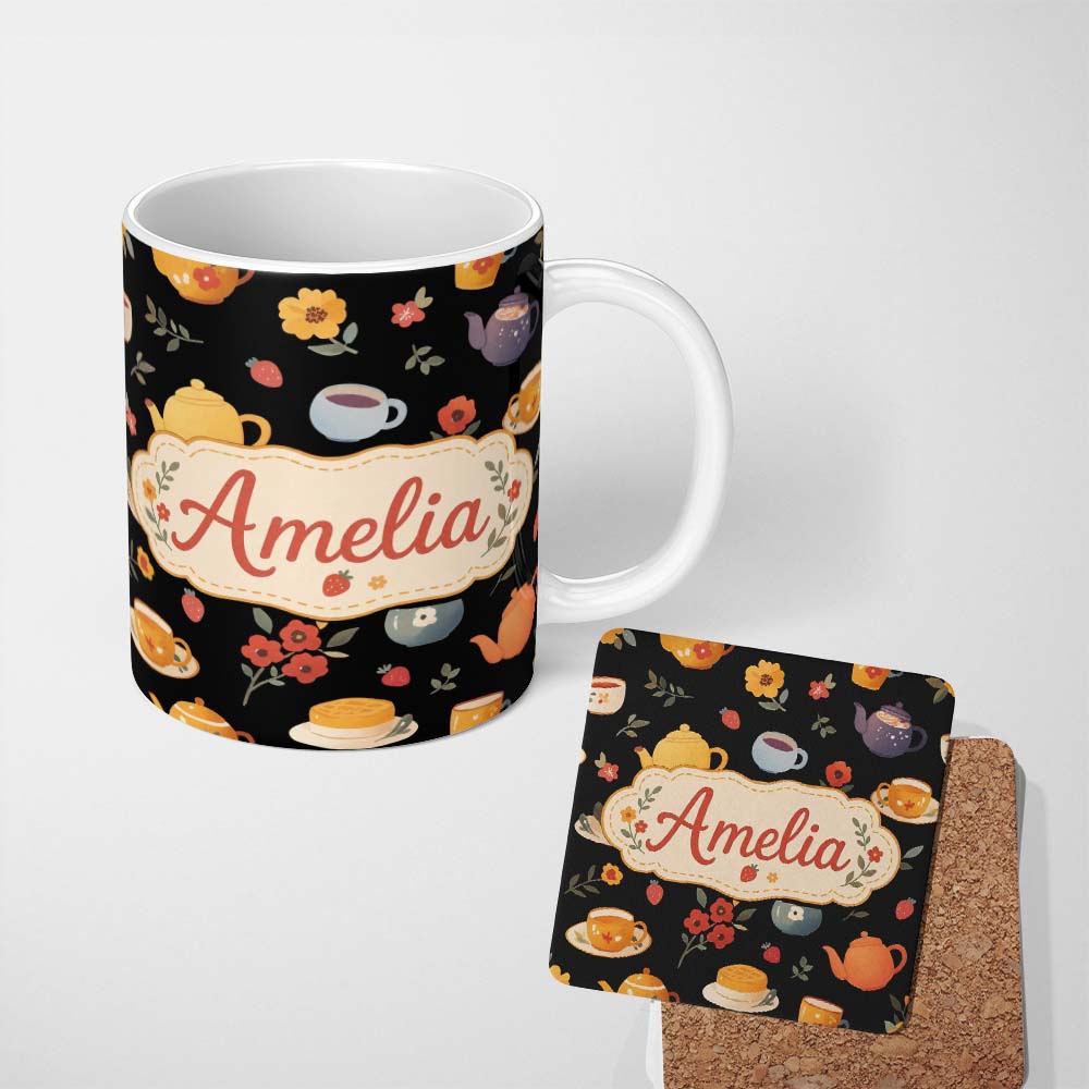 Personalized Custom Name Cute Vintage Teapots Cups Flowers Black Background Seamless Pattern 11oz Ceramic Coffee Tea Mug White Large Handle