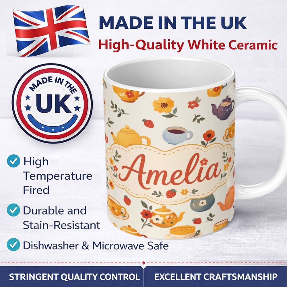 Personalized Custom Name Cute Vintage Teapots Cups Flowers Cream Background Seamless Pattern 11oz Ceramic Coffee Tea Mug White Large Handle