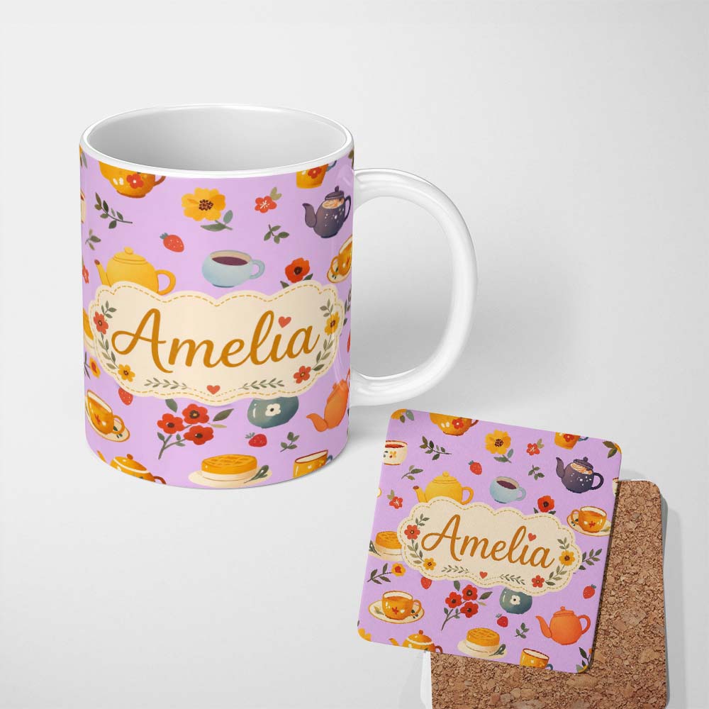 Personalized Custom Name Cute Vintage Teapots Cups Flowers Lilac Background Seamless Pattern 11oz Ceramic Coffee Tea Mug White Large Handle