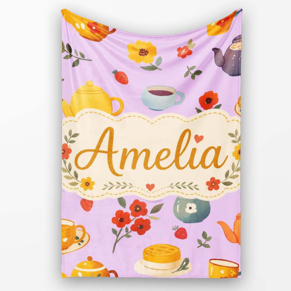 Cute Vintage Teapots Cups Flowers Lilac Background Seamless Pattern Personalised Custom Name Super Soft Fleece Blanket Bed Sofa Throw