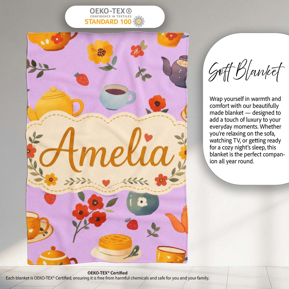 Cute Vintage Teapots Cups Flowers Lilac Background Seamless Pattern Personalised Custom Name Super Soft Fleece Blanket Bed Sofa Throw