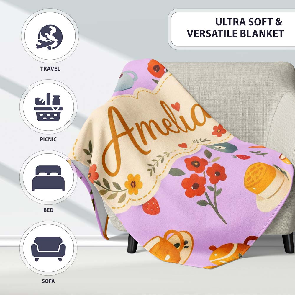 Cute Vintage Teapots Cups Flowers Lilac Background Seamless Pattern Personalised Custom Name Super Soft Fleece Blanket Bed Sofa Throw